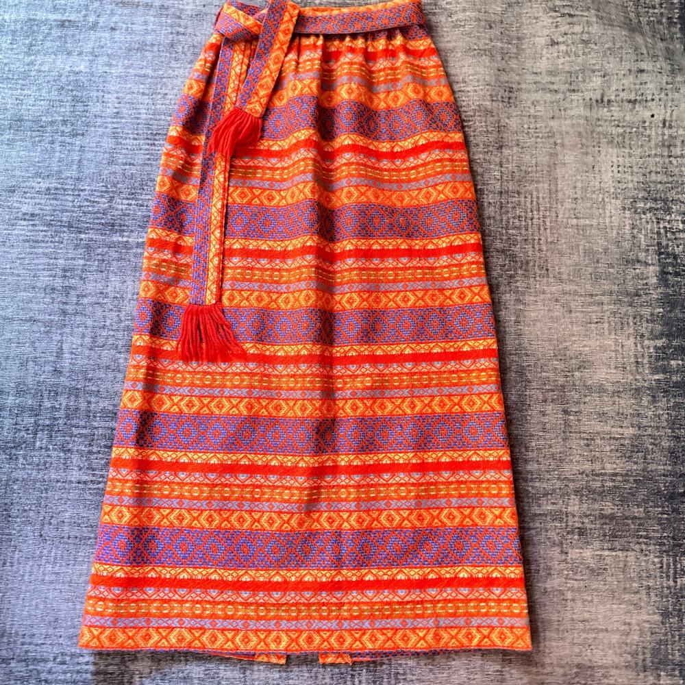 Vintage Woven Tapestry Maxi Skirt Orange Blue Aztec Boho Tassel Tie Sz S 24"